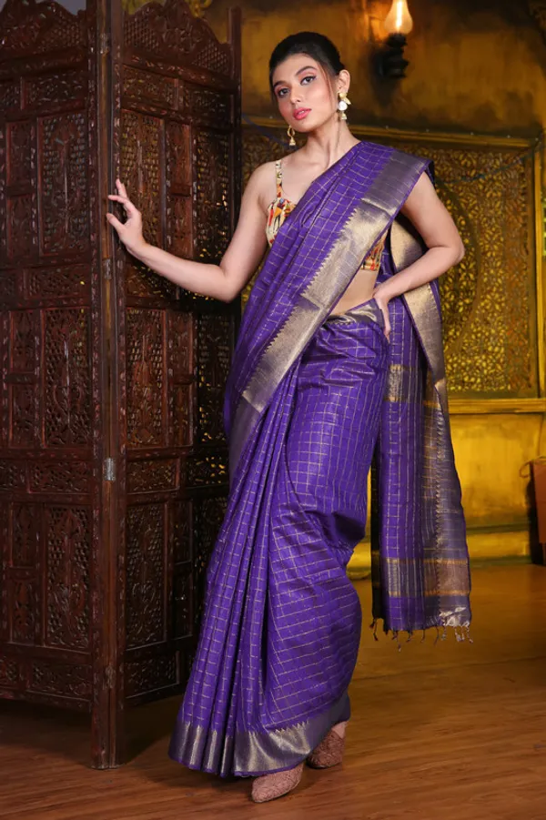 Authentic_French_Purple_Cotton_Silk_Handloom_Mangalagiri_Check_Saree_with_Blouse_Piece