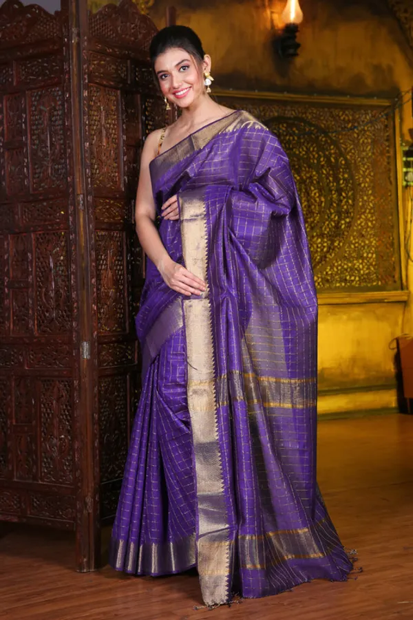 Authentic_French_Purple_Cotton_Silk_Handloom_Mangalagiri_Check_Saree_with_Blouse_Piece