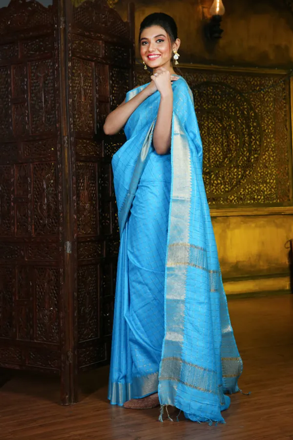 Premium_Pacific_Cyan_Cotton_Silk_Handloom_Mangalagiri_Check_Saree_with_Blouse_Piece