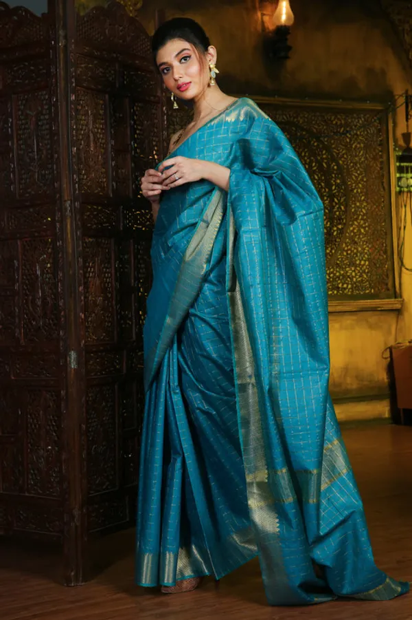 Authentic_Turquoise_Cotton_Silk_Handloom_Mangalagiri_Check_Saree_with_Blouse_Piece