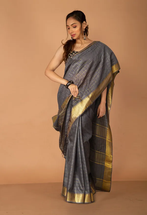 Authentic_Grey_Cotton_Silk_Handloom_Mangalagiri_Check_Saree_with_Blouse_Piece