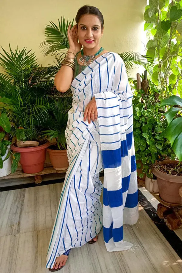 Blue_Cotton_Soft_Silk_Striped_Handloom_Bhagalpuri_Saree