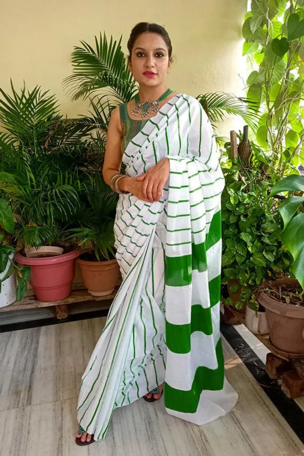 British_Green_Cotton_Soft_Silk_Striped_Handloom_Bhagalpuri_Saree