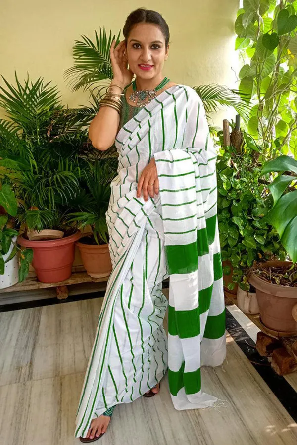 British_Green_Cotton_Soft_Silk_Striped_Handloom_Bhagalpuri_Saree