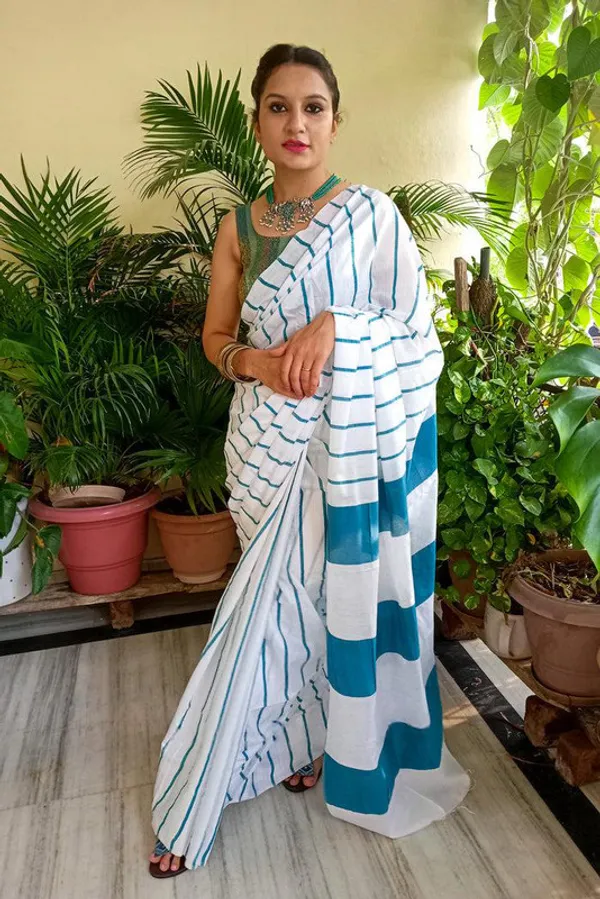 Cyan_Cotton_Soft_Silk_Striped_Handloom_Bhagalpuri_Saree