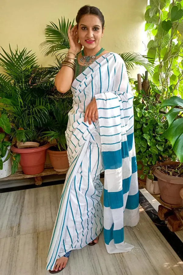 Cyan_Cotton_Soft_Silk_Striped_Handloom_Bhagalpuri_Saree