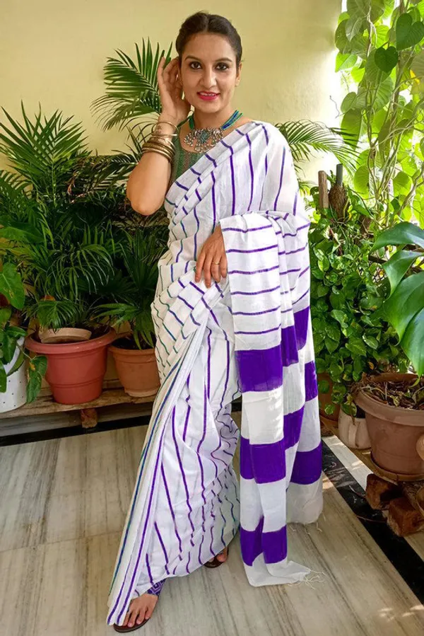 French_Purple_Cotton_Soft_Silk_Striped_Handloom_Bhagalpuri_Saree