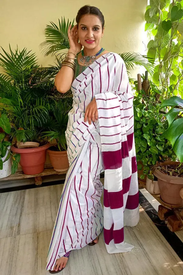 Magenta_Cotton_Soft_Silk_Striped_Handloom_Bhagalpuri_Saree