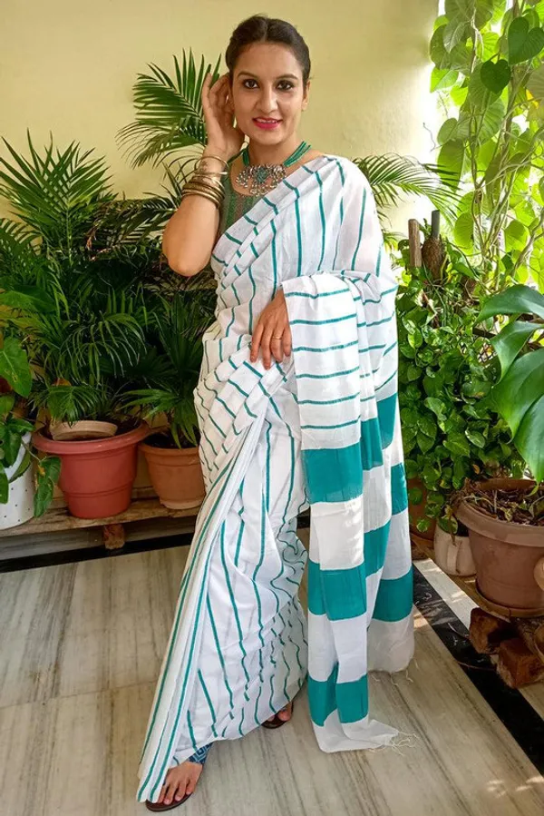 Turquoise_Cotton_Soft_Silk_Striped_Handloom_Bhagalpuri_Saree