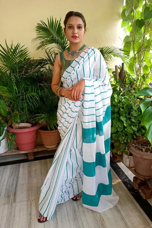 Turquoise_Cotton_Soft_Silk_Striped_Handloom_Bhagalpuri_Saree