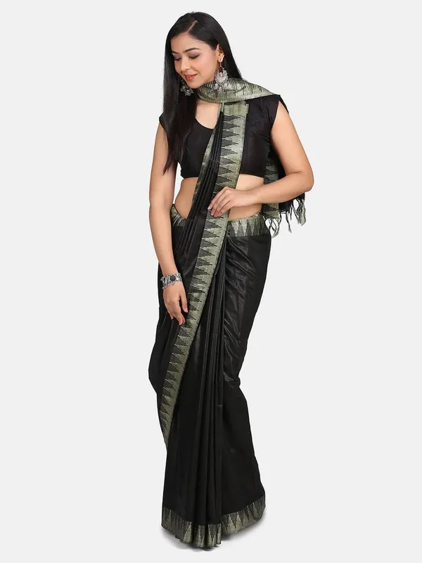 Black_Handloom_Semi_Tussar_Silk_Temple_Border_Bhagalpuri_Saree