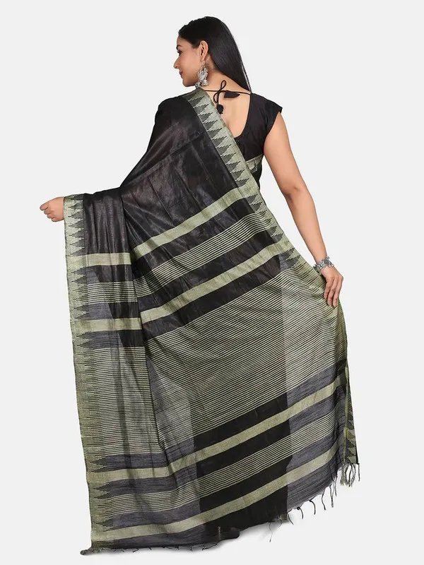 Black_Handloom_Semi_Tussar_Silk_Temple_Border_Bhagalpuri_Saree
