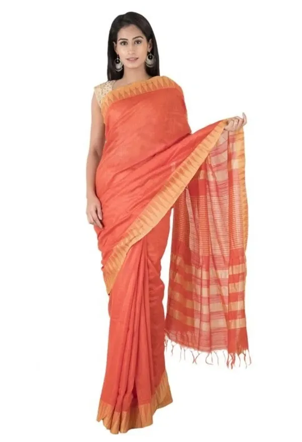Chromai_Orange_Handloom_Semi_Tussar_Silk_Temple_Border_Bhagalpuri_Saree