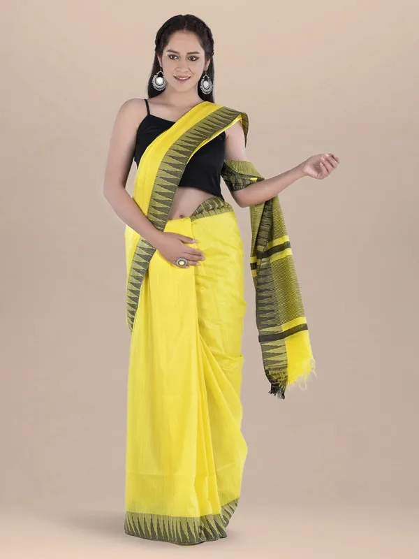 Energy_YellowBlack_Handloom_Semi_Tussar_Silk_Temple_Border_Bhagalpuri_Saree