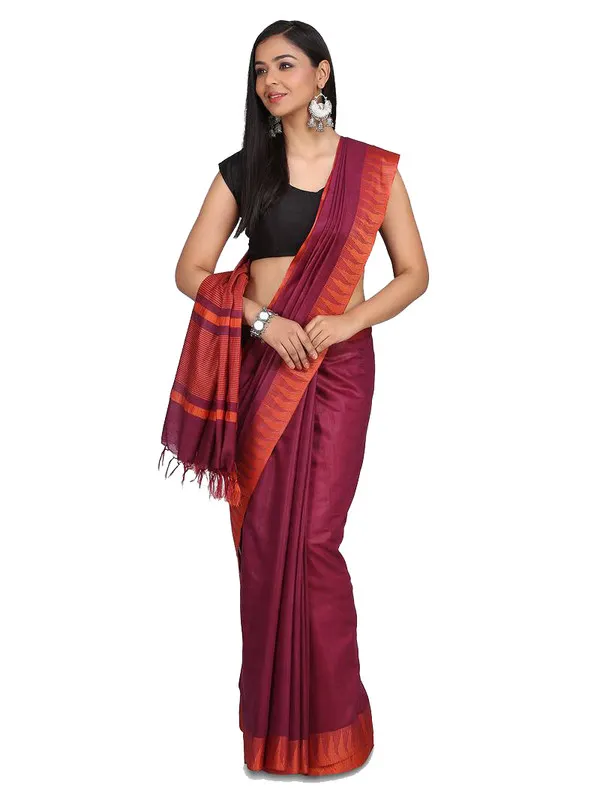 Hippie_MagentaOrange_Handloom_Semi_Tussar_Silk_Temple_Border_Bhagalpuri_Saree