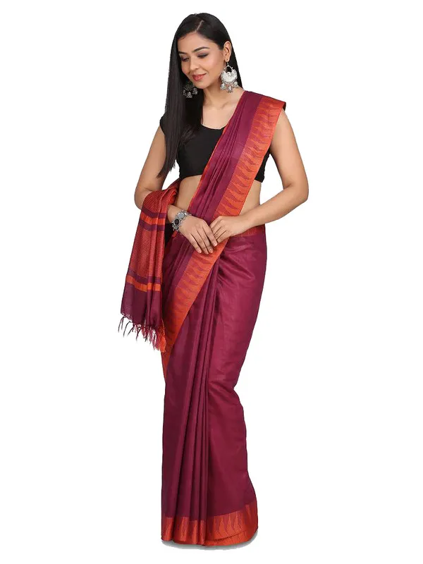 Hippie_MagentaOrange_Handloom_Semi_Tussar_Silk_Temple_Border_Bhagalpuri_Saree