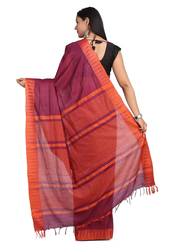 Hippie_MagentaOrange_Handloom_Semi_Tussar_Silk_Temple_Border_Bhagalpuri_Saree