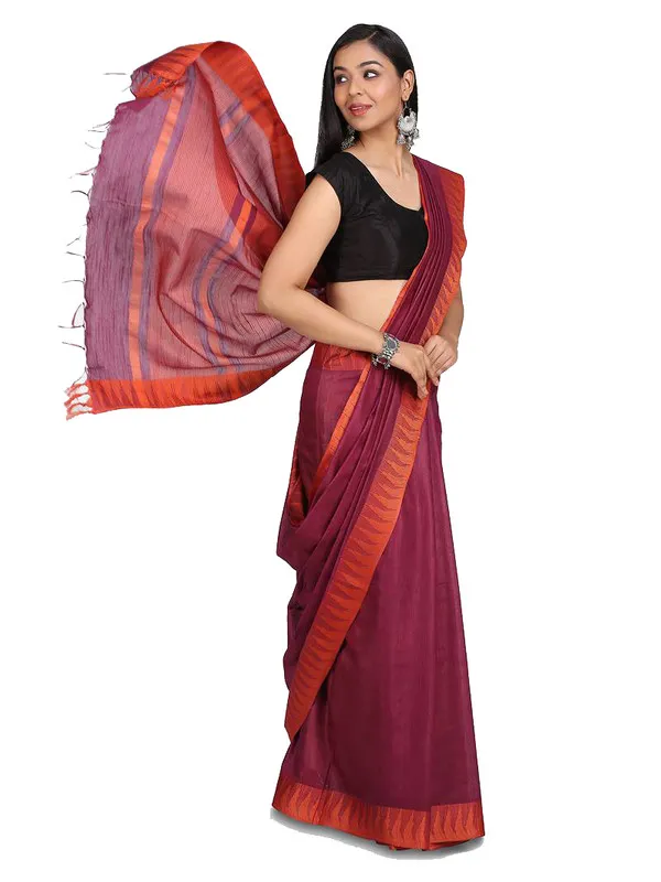 Hippie_MagentaOrange_Handloom_Semi_Tussar_Silk_Temple_Border_Bhagalpuri_Saree