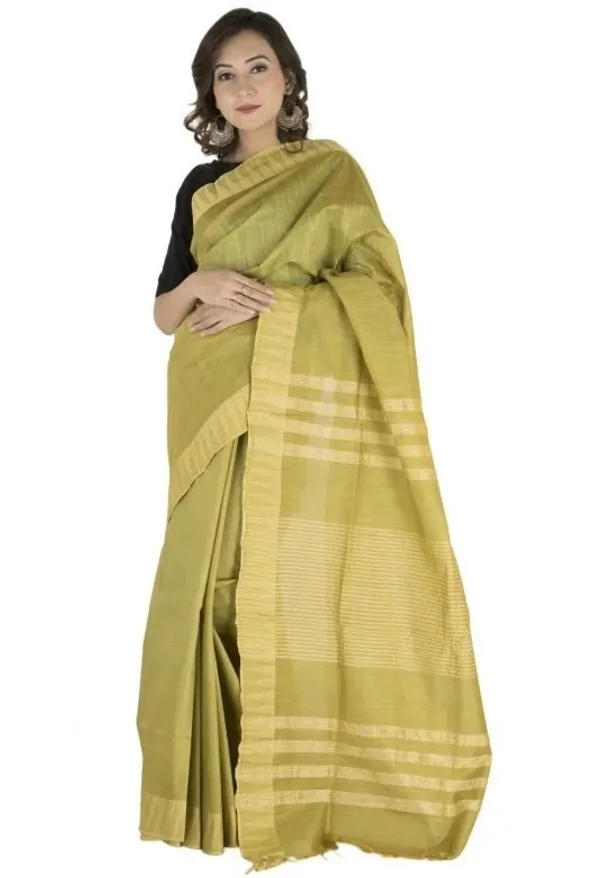 Huskie_Green_Handloom_Semi_Tussar_Silk_Temple_Border_Bhagalpuri_Saree