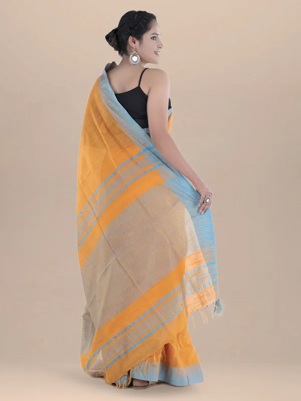 Jaffaie_OrangeCyan_Handloom_Semi_Tussar_Silk_Temple_Border_Bhagalpuri_Saree