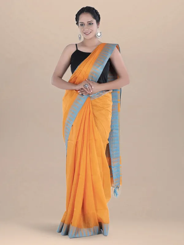 Jaffaie_OrangeCyan_Handloom_Semi_Tussar_Silk_Temple_Border_Bhagalpuri_Saree