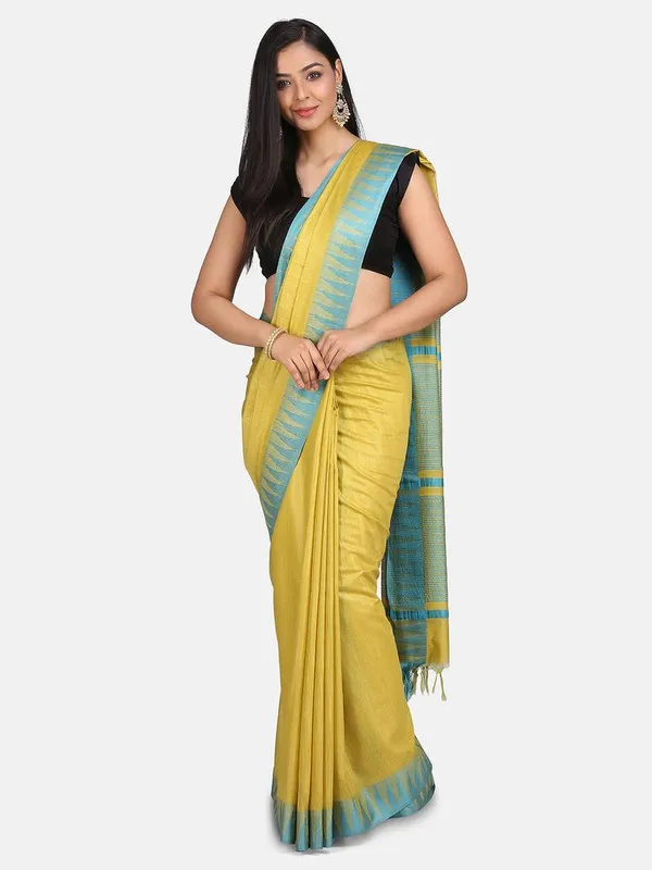 Lime_YellowCyan_Handloom_Semi_Tussar_Silk_Temple_Border_Bhagalpuri_Saree