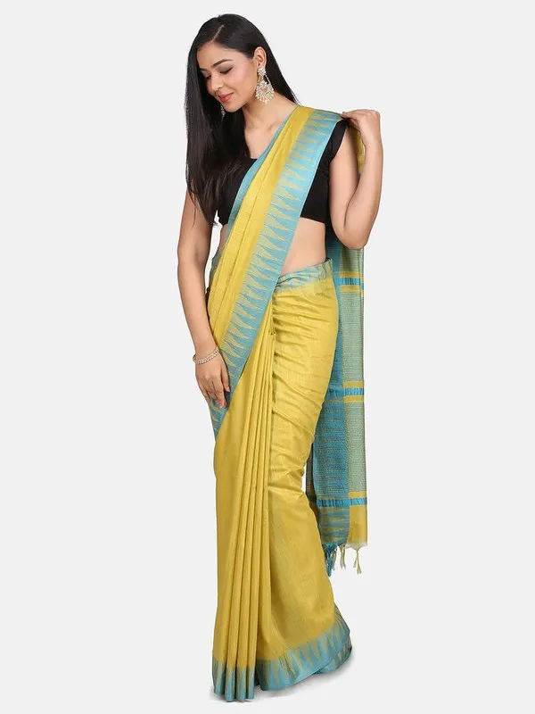 Lime_YellowCyan_Handloom_Semi_Tussar_Silk_Temple_Border_Bhagalpuri_Saree