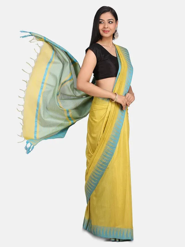 Lime_YellowCyan_Handloom_Semi_Tussar_Silk_Temple_Border_Bhagalpuri_Saree