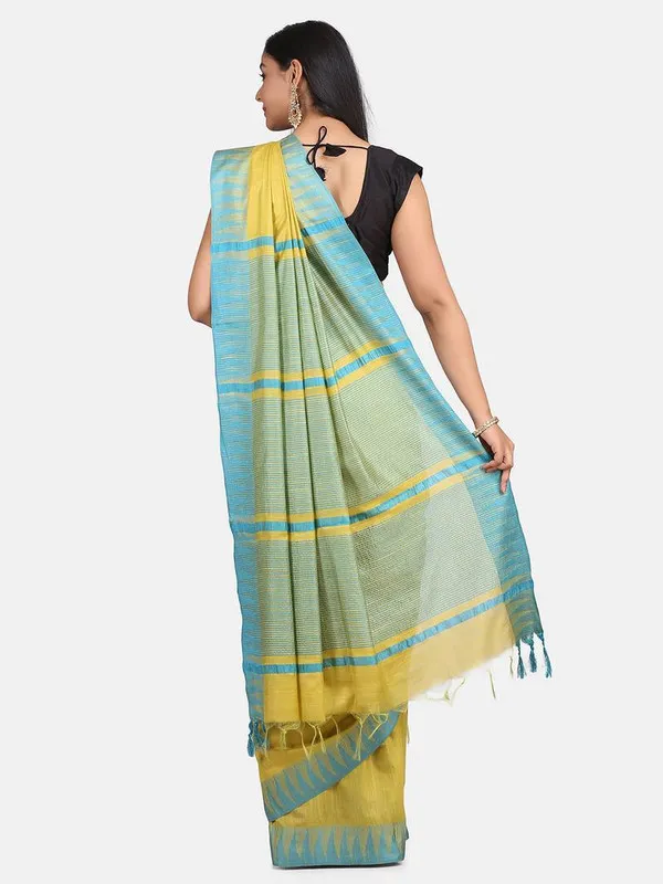 Lime_YellowCyan_Handloom_Semi_Tussar_Silk_Temple_Border_Bhagalpuri_Saree