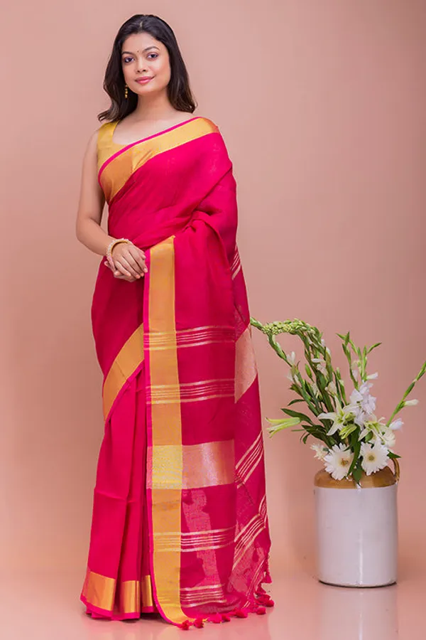 Gold_Deep_Pink_Linen_Cotton_Blend_Handloom_Bhagallpuri_Saree