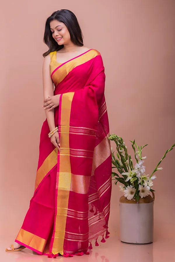 Gold_Deep_Pink_Linen_Cotton_Blend_Handloom_Bhagallpuri_Saree