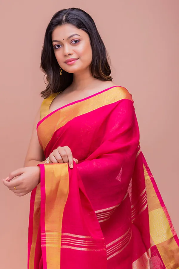 Gold_Deep_Pink_Linen_Cotton_Blend_Handloom_Bhagallpuri_Saree