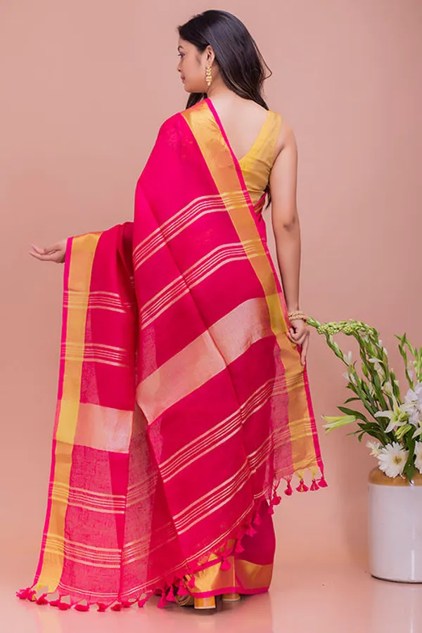 Gold_Deep_Pink_Linen_Cotton_Blend_Handloom_Bhagallpuri_Saree