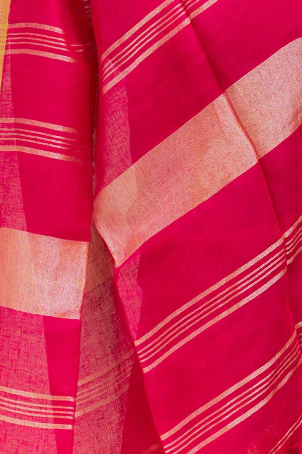 Gold_Deep_Pink_Linen_Cotton_Blend_Handloom_Bhagallpuri_Saree