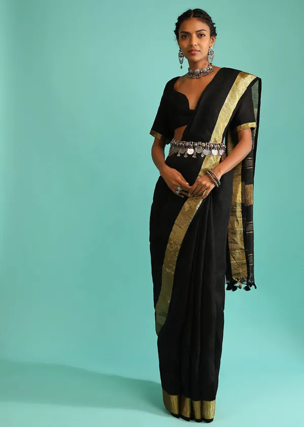 GoldBlack_Linen_Cotton_Blend_Handloom_Bhagallpuri_Saree