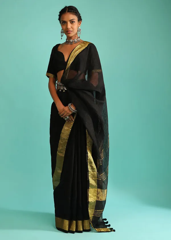 GoldBlack_Linen_Cotton_Blend_Handloom_Bhagallpuri_Saree