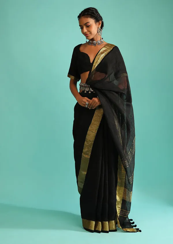 GoldBlack_Linen_Cotton_Blend_Handloom_Bhagallpuri_Saree