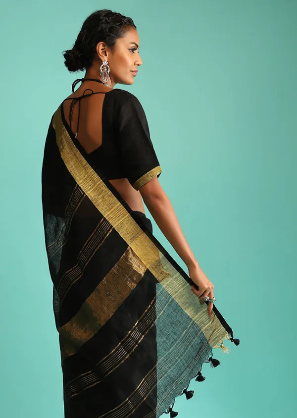 GoldBlack_Linen_Cotton_Blend_Handloom_Bhagallpuri_Saree