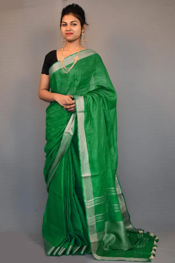 British_Green_Linen_Cotton_Blend_Handloom_Bhagallpuri_Saree