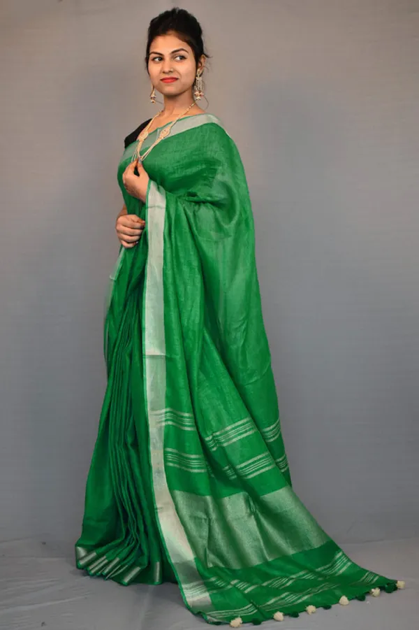 British_Green_Linen_Cotton_Blend_Handloom_Bhagallpuri_Saree