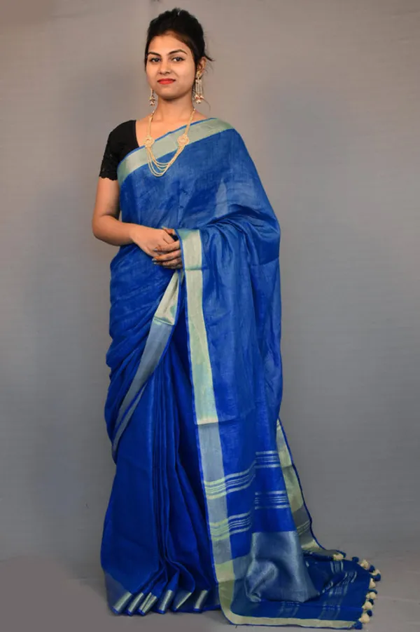 GoldCobalt_Blue_Linen_Cotton_Blend_Handloom_Bhagallpuri_Saree