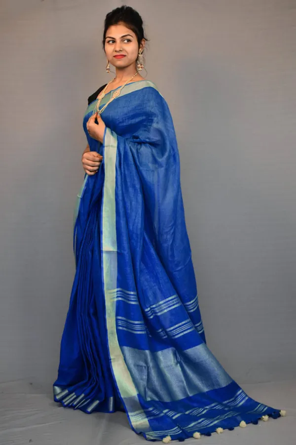 GoldCobalt_Blue_Linen_Cotton_Blend_Handloom_Bhagallpuri_Saree