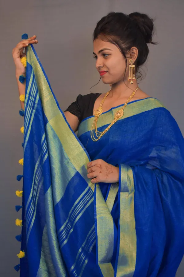 GoldCobalt_Blue_Linen_Cotton_Blend_Handloom_Bhagallpuri_Saree
