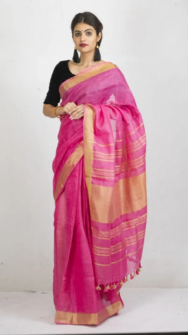 GoldFine_Pink_Linen_Cotton_Blend_Handloom_Bhagallpuri_Saree