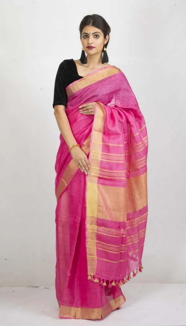 GoldFine_Pink_Linen_Cotton_Blend_Handloom_Bhagallpuri_Saree