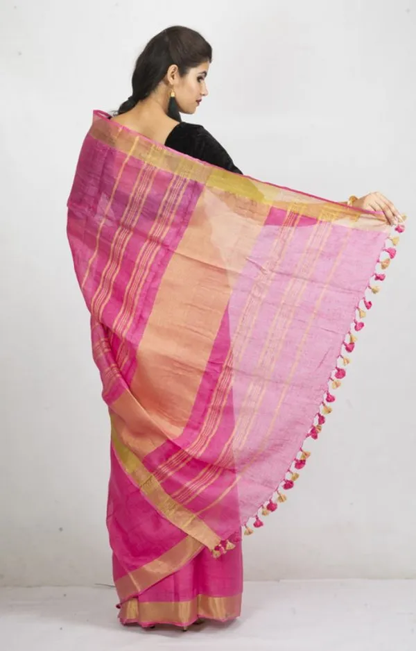 GoldFine_Pink_Linen_Cotton_Blend_Handloom_Bhagallpuri_Saree