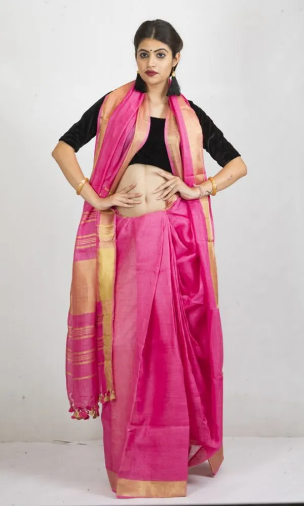 GoldFine_Pink_Linen_Cotton_Blend_Handloom_Bhagallpuri_Saree