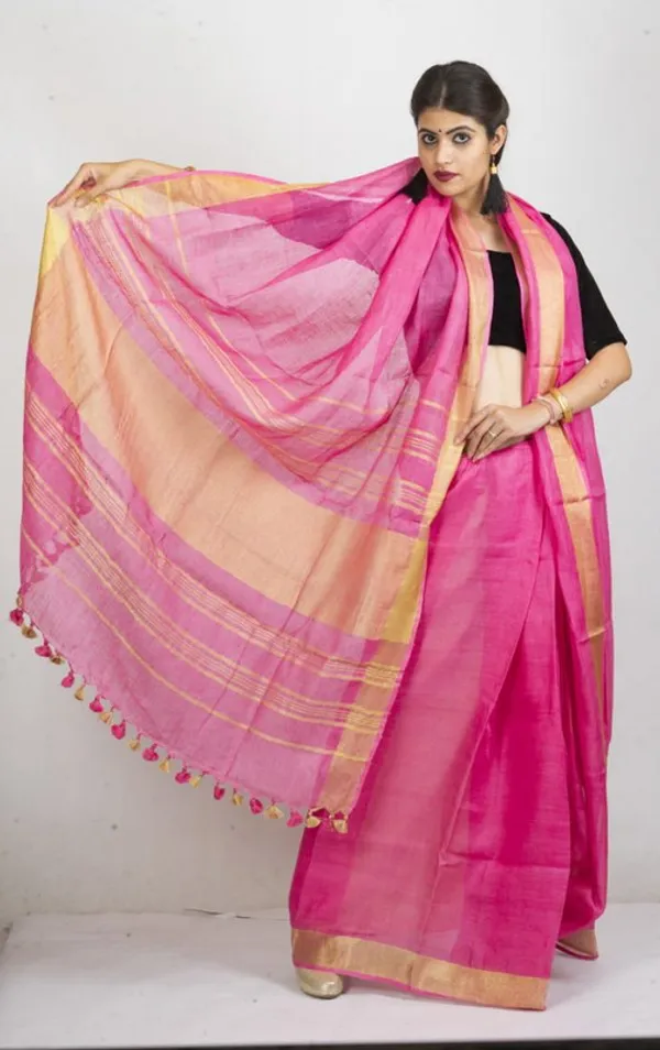 GoldFine_Pink_Linen_Cotton_Blend_Handloom_Bhagallpuri_Saree