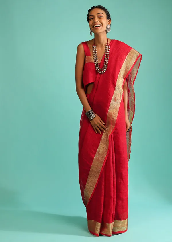 GoldFine_Red_Linen_Cotton_Blend_Handloom_Bhagallpuri_Saree
