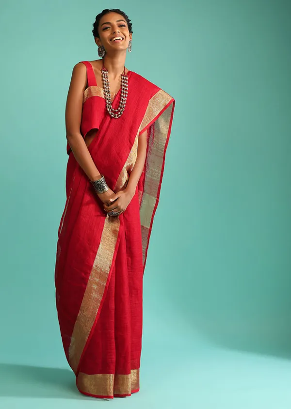 GoldFine_Red_Linen_Cotton_Blend_Handloom_Bhagallpuri_Saree